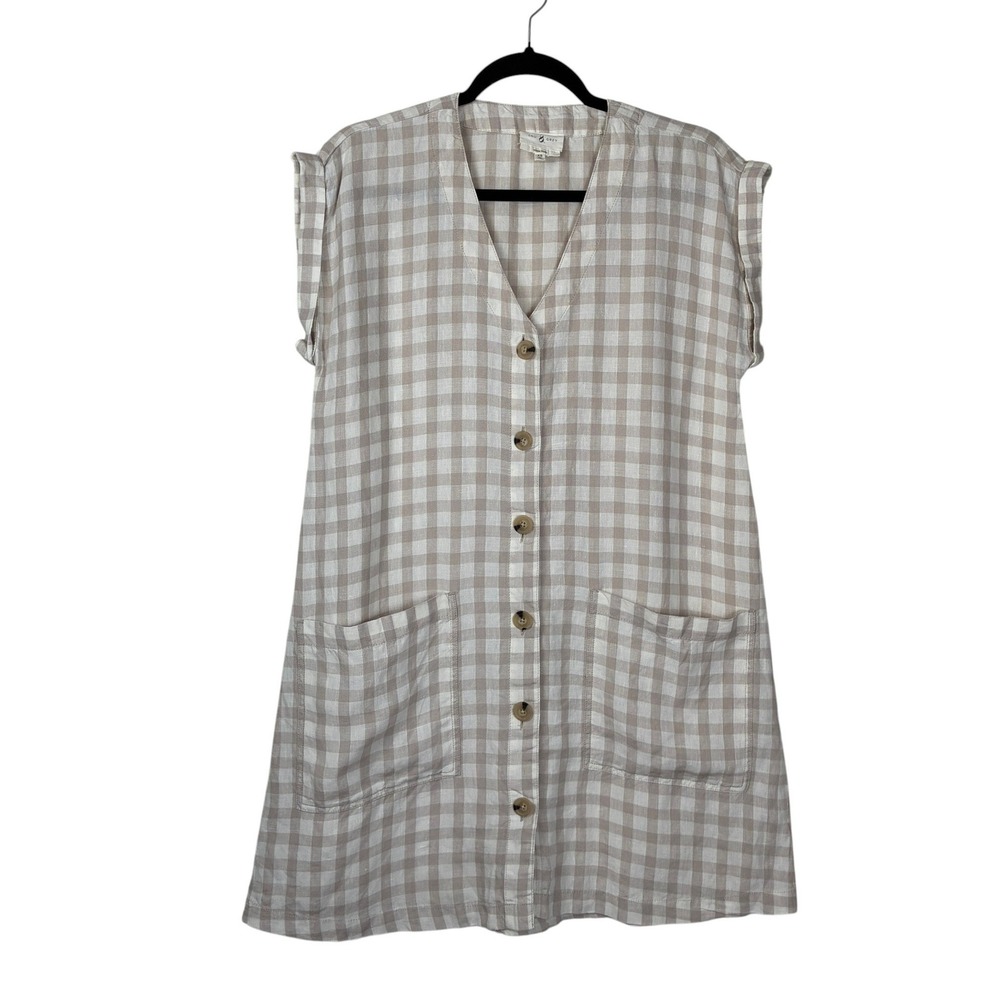 Lou & Grey Womens Linen Shirt Dress Womens XS Gingham Brown Picnic Summer